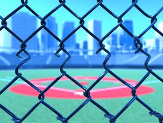Fototapeta premium Baseball field viewed through chain-link fence, city skyline in background