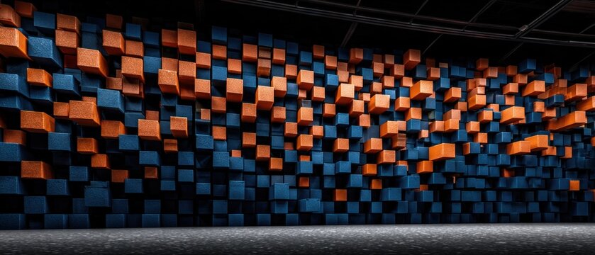 Abstract wall of stacked cubes in navy blue and terracotta