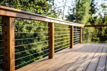 Deck Railing. New Home Improvement with Metal Wire Railing in Wooden Deck Design