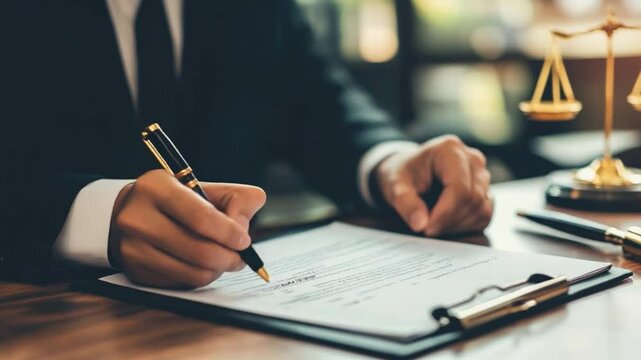 Legal Precision: An attorney, sharply dressed in a suit, meticulously signs a document with a pen, symbolizing the meticulous and precise nature of legal procedures.
