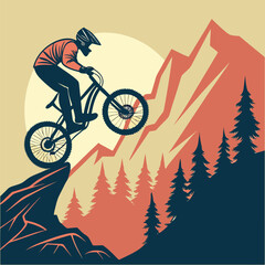 Fototapeta premium Mountain biking sports vector illustration of a cyclist riding a bicycle on a road