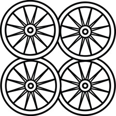 Fototapeta premium Wagon Wheel Pattern: A simple yet visually striking pattern of four wagon wheels, each with a distinct spoke design, arranged in a square grid. Perfect for rustic or western-themed projects. 
