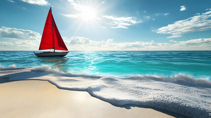 A small sailboat with a vibrant red sail floats on tranquil turquoise water near a sandy shore on a bright sunny day.  Soft white waves gently lap against the beach