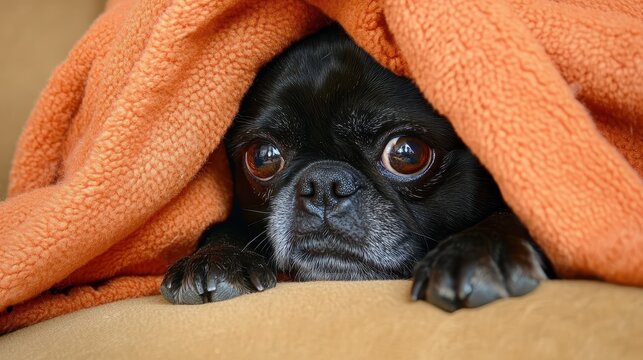 Distressed Dog. Small Canine Pet Hiding Under Orange Blanket on Couch, Looking Scared and Worried
