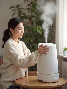 Young woman using a modern air humidifier at home, adding moisture to the air during the heating season for a more comfortable living environment