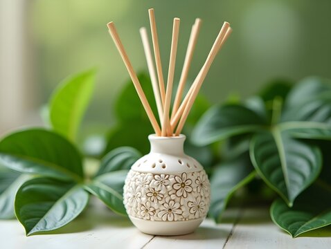 Decorative aroma diffuser with natural reeds and floral design, surrounded