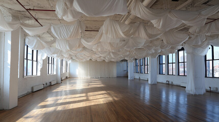 Spacious loft with draped fabric ceiling and hardwood floor