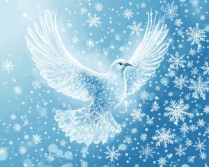 Fototapeta premium Dove Christmas Ornament. Flying Bird Crafted from Blue Snowflakes for Holiday