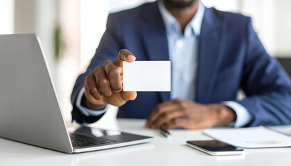 Businessman Presenting Blank Business Card Networking, Contact, Opportunity