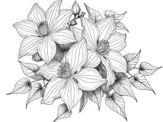 Monochrome Line Drawing Three Clematis Flowers Botanical Illustration Gray Scale Floral Bouquet Pencil Sketch Detailed Veined Petals Leaves