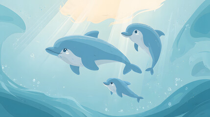 Fototapeta premium flat cartoon illustration of a dolphin family
