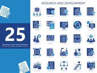 Research and development dual tone icons set. contain brainstorm, data, development, experiment, list, notes, prototype and more. Vector for print, digital UI, UX, web and app, for education, industry