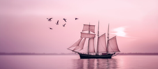 Sailing ship at sunset pink sky seagulls
