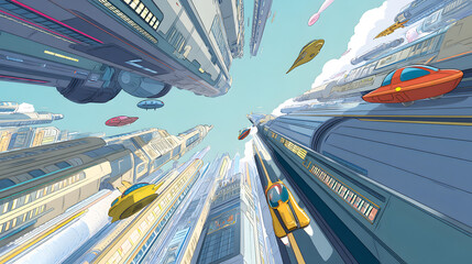 flat cartoon illustration of a futuristic sky
