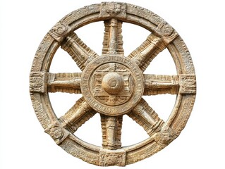 Engraved Sun: Ancient Stone Wheel at Konark Sun Temple, India. Isolated on White Background