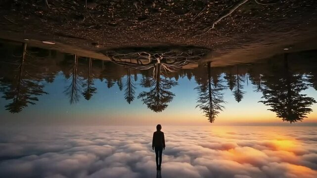 Silhouette of a man above a sky reflected by an inverted forest overhead, soft clouds changing colors at dawn. The concept of dreamy inner contemplation