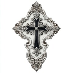 Ornate Silver Cross with Intricate Floral Design and Black Accent on a White Background for Religious Decor or Symbolism