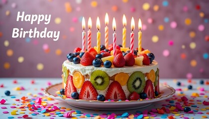 Festive Happy Birthday Cake Topped with Fresh Fruit and Lit Candles Amidst Colorful Confetti