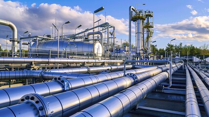 Industrial natural gas processing plant with towering storage tanks, pipelines, and compression units under a clear sky