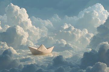 White Paper Boat Floating on Fluffy Clouds in Dreamy Sky Scene