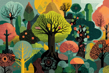Whimsical Forest Scene with Colorful Abstract Trees and Artistic Elements