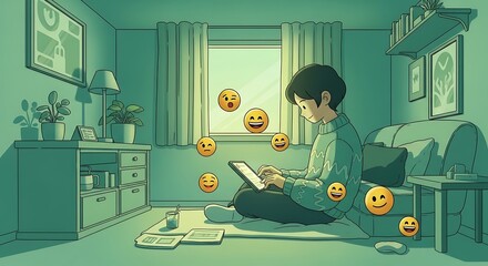 Person Using Tablet Surrounded by Emojis in Serene Green Room