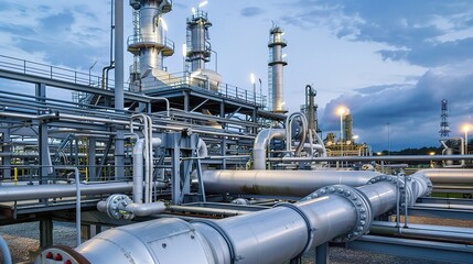 Industrial natural gas processing plant with towering storage tanks, pipelines, and compression units under a clear sky