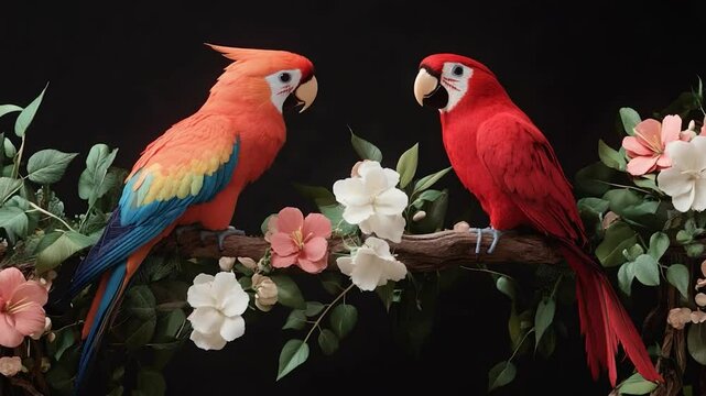 Two colorful parrots perched on branch with flowers against dark background