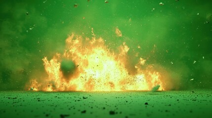 Fire Green Screen. Chroma Key Explosion Bomb with Abstract Energy Background