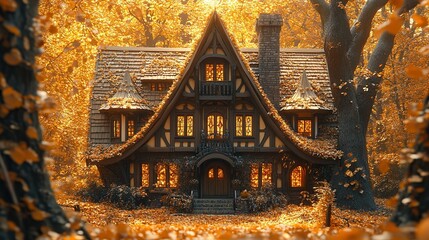 Fototapeta premium Autumnal fairytale house, forest setting, golden leaves, cozy interior, storybook illustration