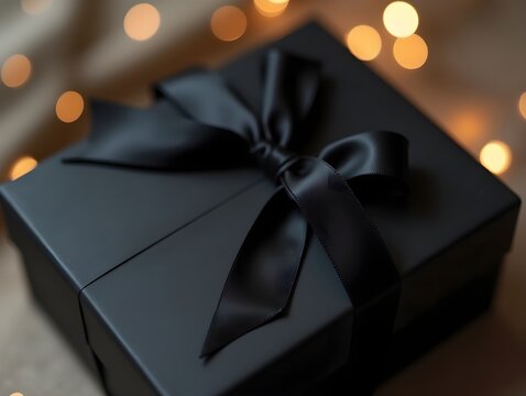 Black gift bag with elegant bow, luxury packaging with blurred background. Celebration and gifting concept