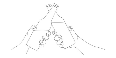 Cheers! Hands Clinking Beer Bottles – One-Line Vector Illustration