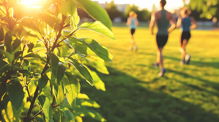 Runners in a park at sunset, with sunbeams through foliage.  Runners are blurred in the background, while vibrant green leaves are in focus