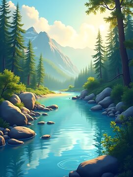 Summer time summer hot Serene mountain forest beach banner template focusing on tranquil rivers and vibrant summer colors for banners