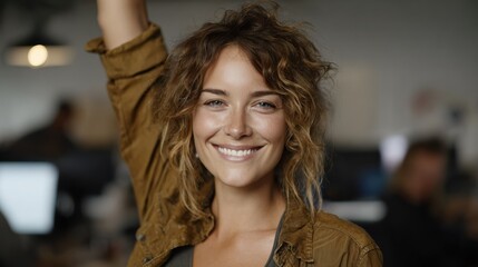 A cheerful woman smiling with raised hand in a modern office environment.