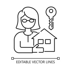 Icons woman with house and key. suitable for real estate websites. Perfect for promoting home buying or property services.Contour symbol. Vector isolated outline drawing. Editable stroke