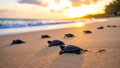 Sea turtle on a sandy beach, enjoying the ocean water and summer sky