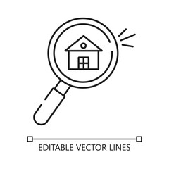 Icon Magnifying glass reveals small house detail. Ideas for real estate, property finding. Vector isolated outline drawing. Editable stroke