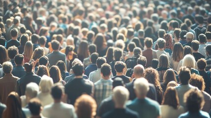 A large crowd of people standing in a public space, with a mix of men and women, of different ages, and with a diverse range of clothing styles.