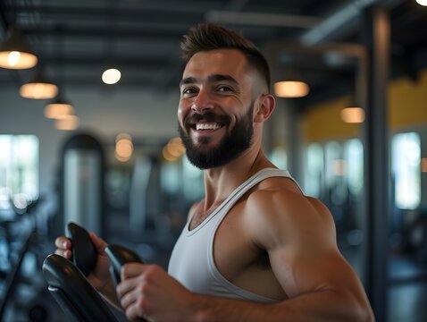 A man is smiling while exercising in a gym