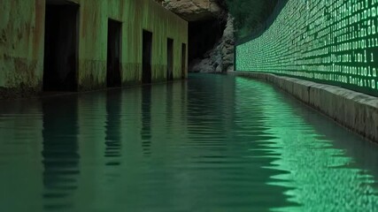 Mysterious Underground Passage with Water Reflections and Digital Codes Projected on Stone Walls - Powered by Adobe