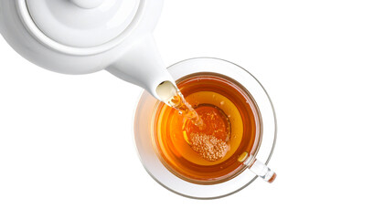 Pouring tea into a glass,,  pour water from the kettle, Top View, Isolated on Transparent Background