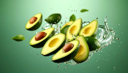 Avocado slices splash with water drops and leaves with green background, and healthy food.