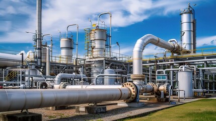 Industrial natural gas processing plant with towering storage tanks, pipelines, and compression units under a clear sky