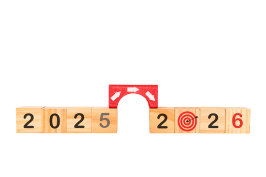 Transition years 2025 to 2026 on wooden blocks with copy space. To prepare for the new year changes and start thinking about strategies and new business goals.PNG