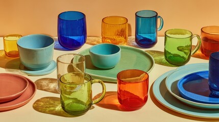 Vintage-inspired glassware and tableware in vibrant retro tones