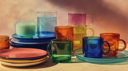 Vintage-inspired glassware and tableware in vibrant retro tones