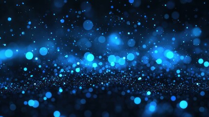 A blue and black abstract background with glowing blue particles and bokeh effects.