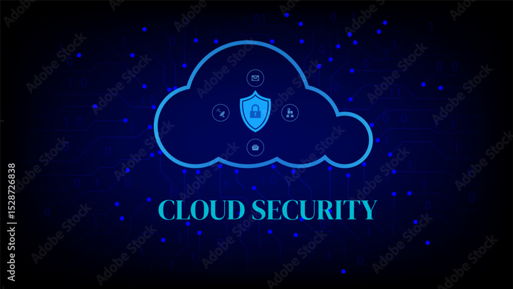 Poster cloud security concept with digital shield icon inside cloud on futuristic network background