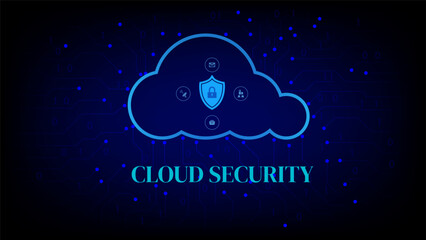 Cloud security concept with digital shield icon inside cloud on futuristic network background